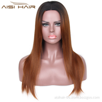 Aisi Hair Top Selling Long Silky Straight Wave Wigs For Black Women Ombre Brown Color Synthetic Fiber Wigs